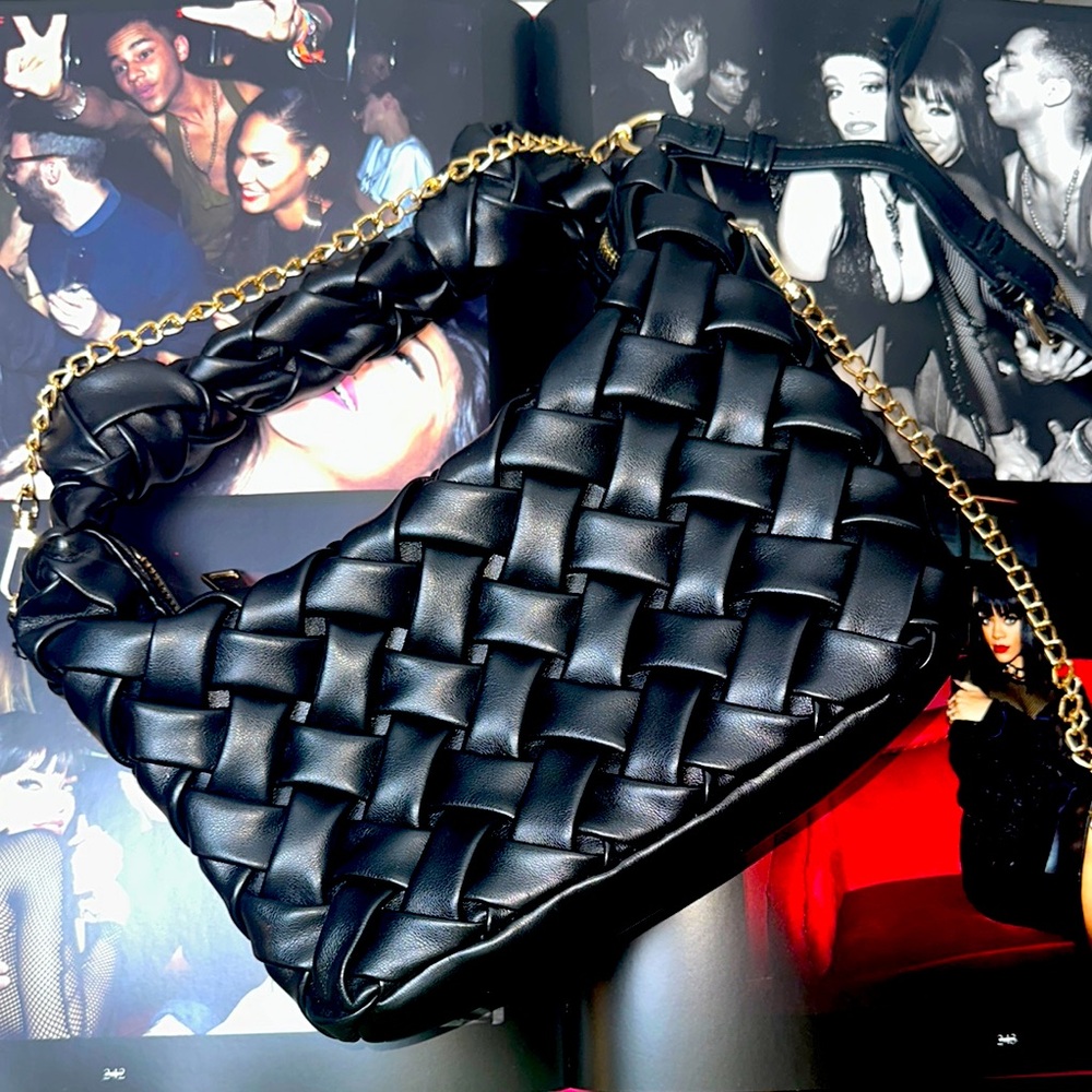 Black Woven Leather Shoulder Bag
